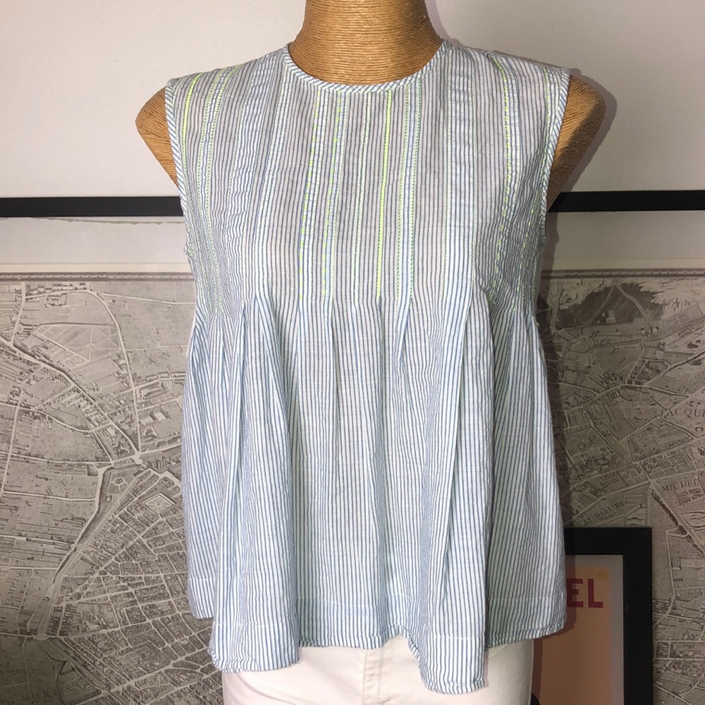 Dosa Sleeveless Blue & White Striped Pleated Summer Top Size M